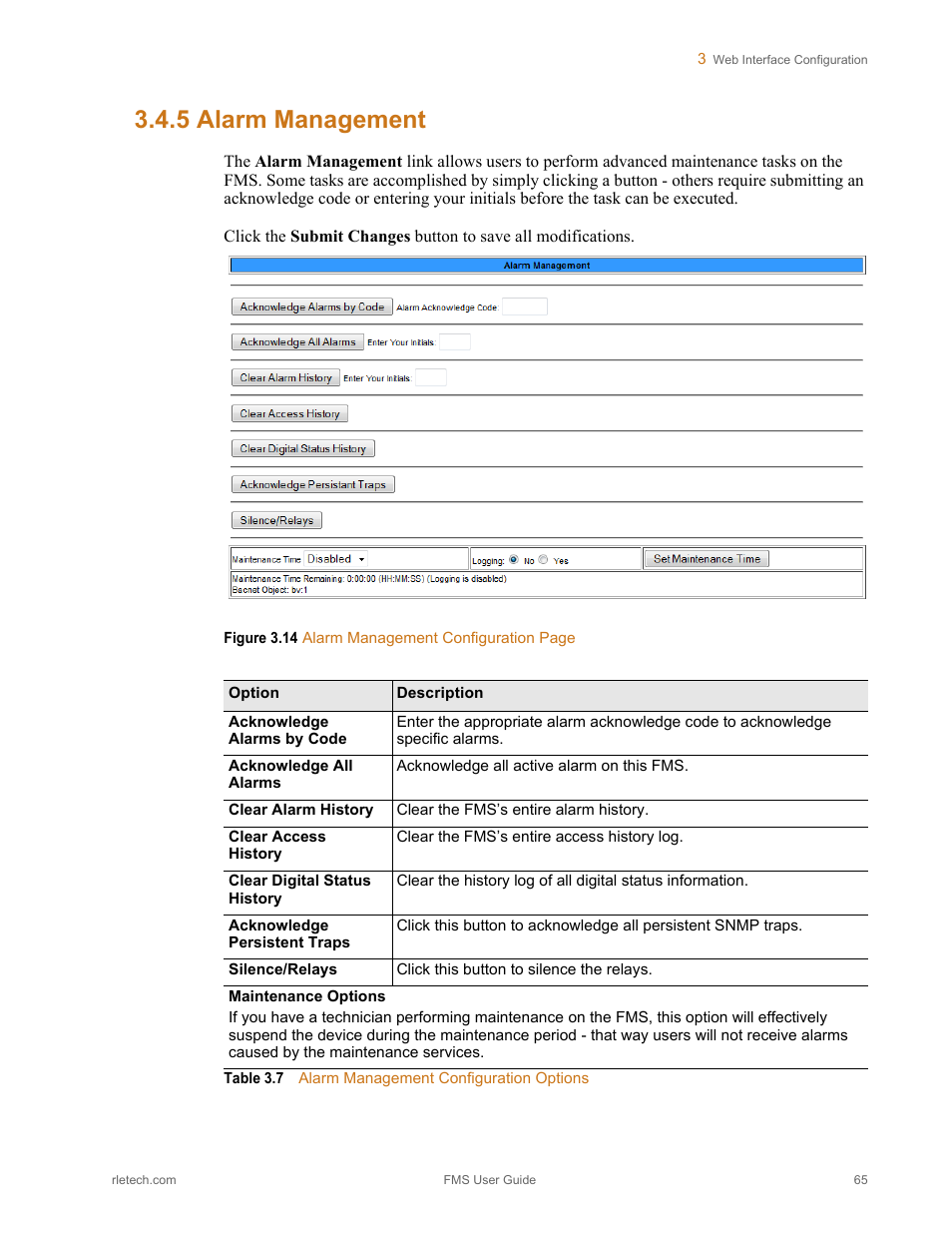 5 alarm management, Alarm management, Table 3.7 | Alarm management configuration options | RLE FMS V.1.13 User Manual | Page 65 / 226