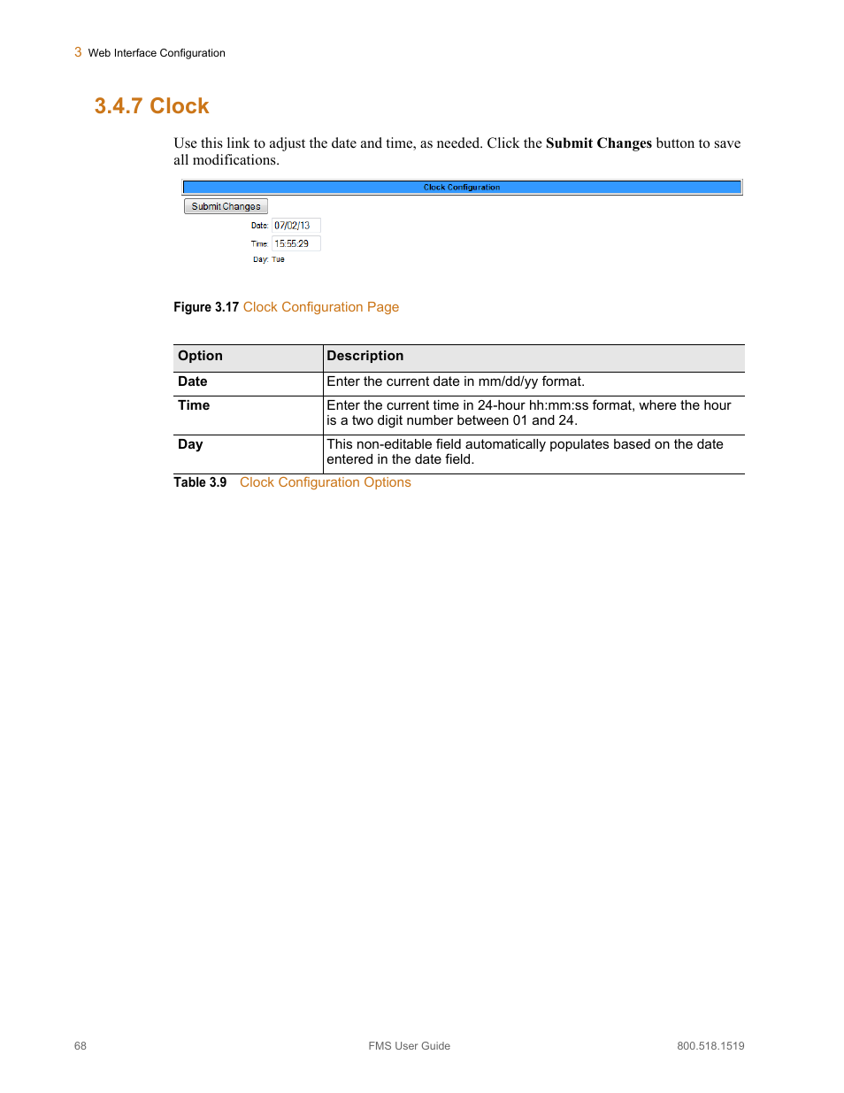 7 clock, Clock, Table 3.9 | Clock configuration options | RLE FMS V.1.13 User Manual | Page 68 / 226