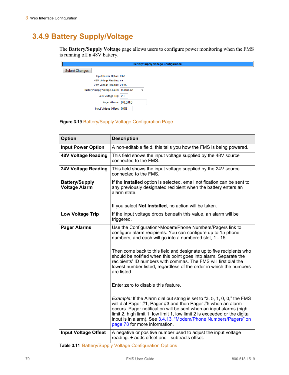 9 battery supply/voltage, Battery supply/voltage, Table 3.11 | Battery/supply voltage configuration options | RLE FMS V.1.13 User Manual | Page 70 / 226