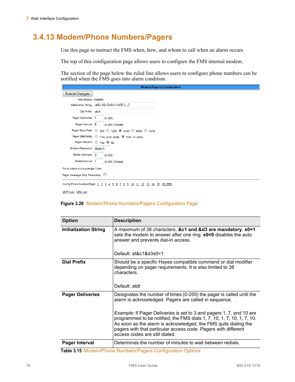 Table 3.15, 13 modem/phone numbers/pagers | RLE FMS V.1.13 User Manual | Page 78 / 226
