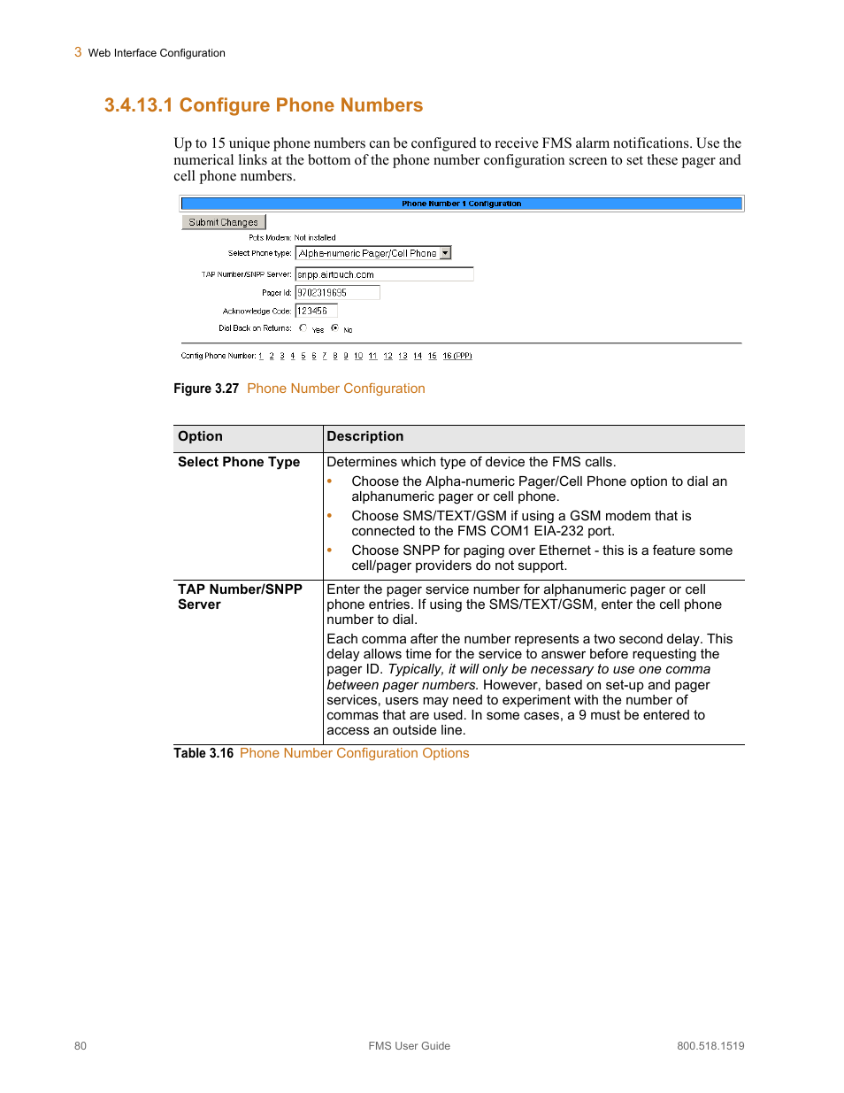 1 configure phone numbers, Configure phone numbers, Figure 3.27 phone number configuration | Table 3.16, Phone number configuration options | RLE FMS V.1.13 User Manual | Page 80 / 226