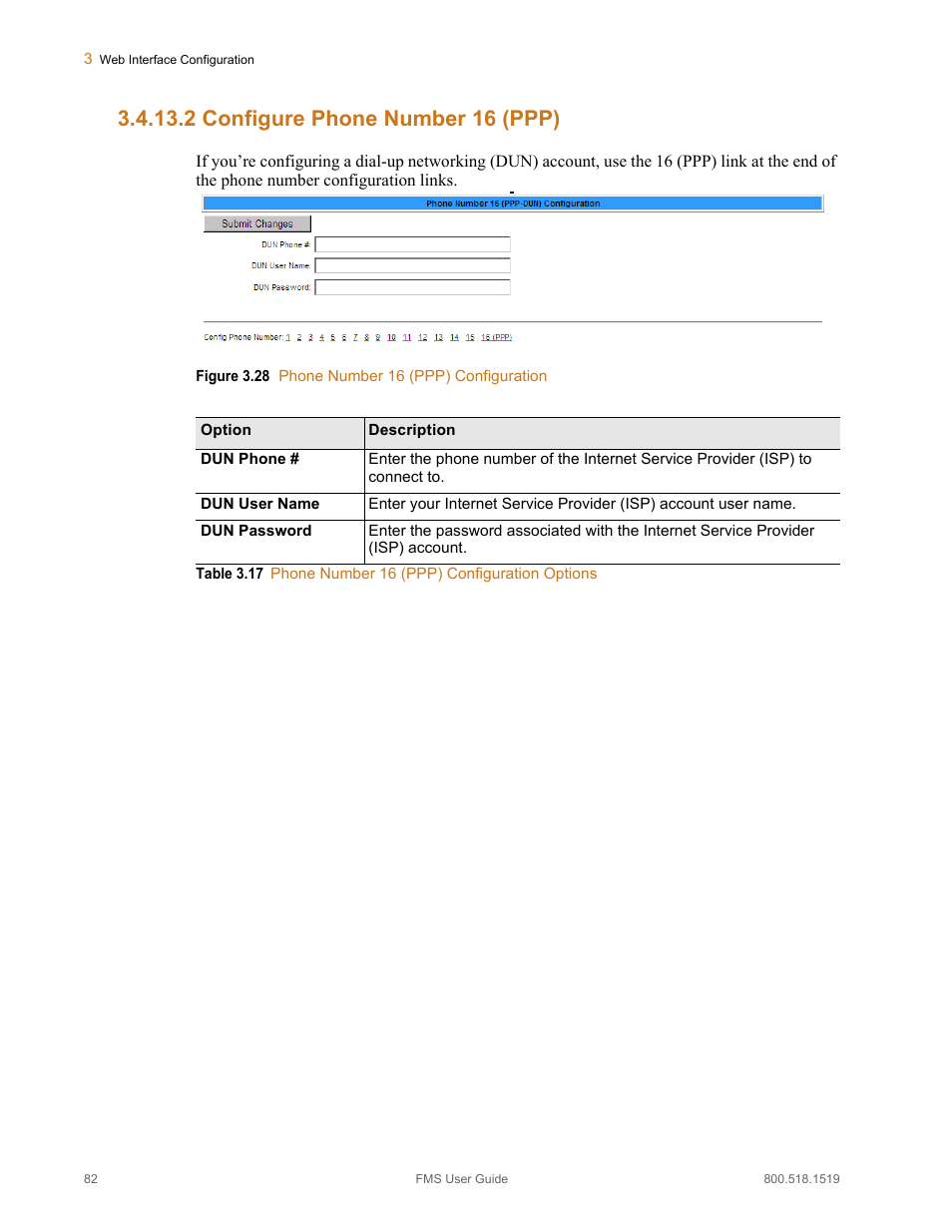 2 configure phone number 16 (ppp), Configure phone number 16 (ppp), Figure 3.28 phone number 16 (ppp) configuration | Table 3.17, Phone number 16 (ppp) configuration options | RLE FMS V.1.13 User Manual | Page 82 / 226