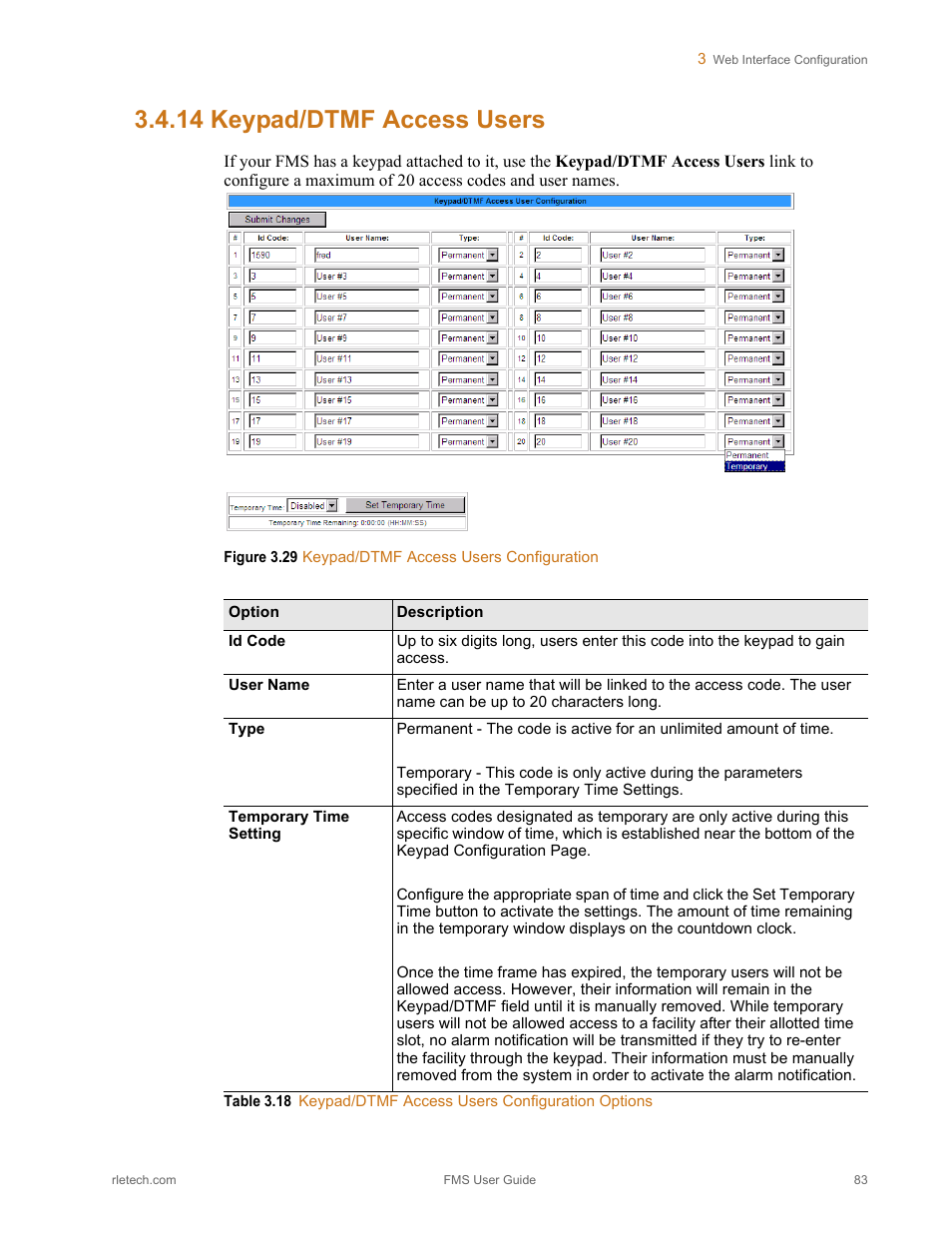 14 keypad/dtmf access users, Keypad/dtmf access users, Figure 3.29 keypad/dtmf access users configuration | Table 3.18, Keypad/dtmf access users configuration options | RLE FMS V.1.13 User Manual | Page 83 / 226
