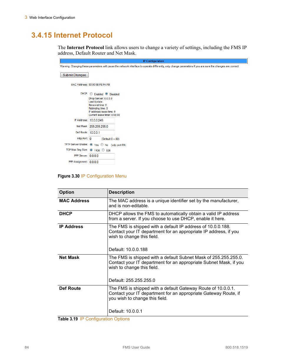 15 internet protocol, Internet protocol, Figure 3.30 ip configuration menu | Table 3.19, Ip configuration options | RLE FMS V.1.13 User Manual | Page 84 / 226