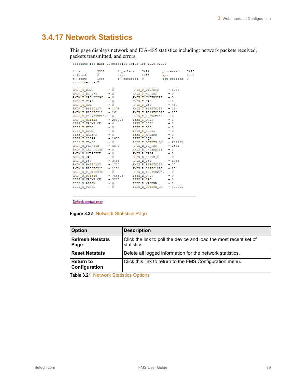 17 network statistics, Network statistics, Table 3.21 | Network statistics options | RLE FMS V.1.13 User Manual | Page 89 / 226
