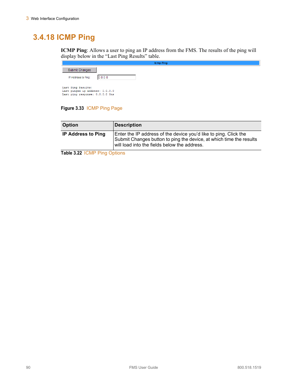 18 icmp ping, Icmp ping, Table 3.22 | Icmp ping options | RLE FMS V.1.13 User Manual | Page 90 / 226