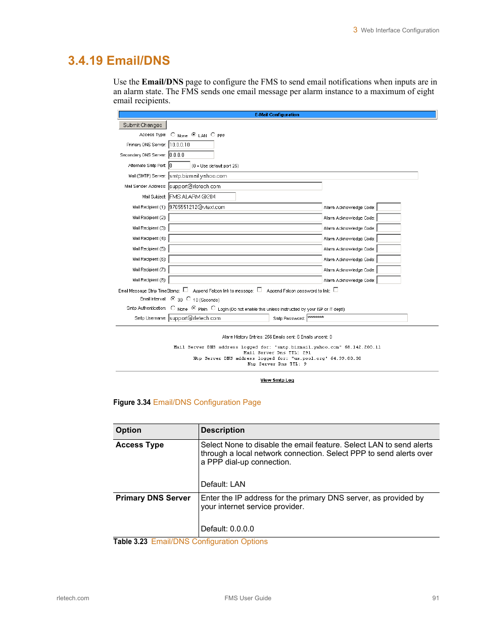 19 email/dns, Email/dns, Table 3.23 | Email/dns configuration options | RLE FMS V.1.13 User Manual | Page 91 / 226