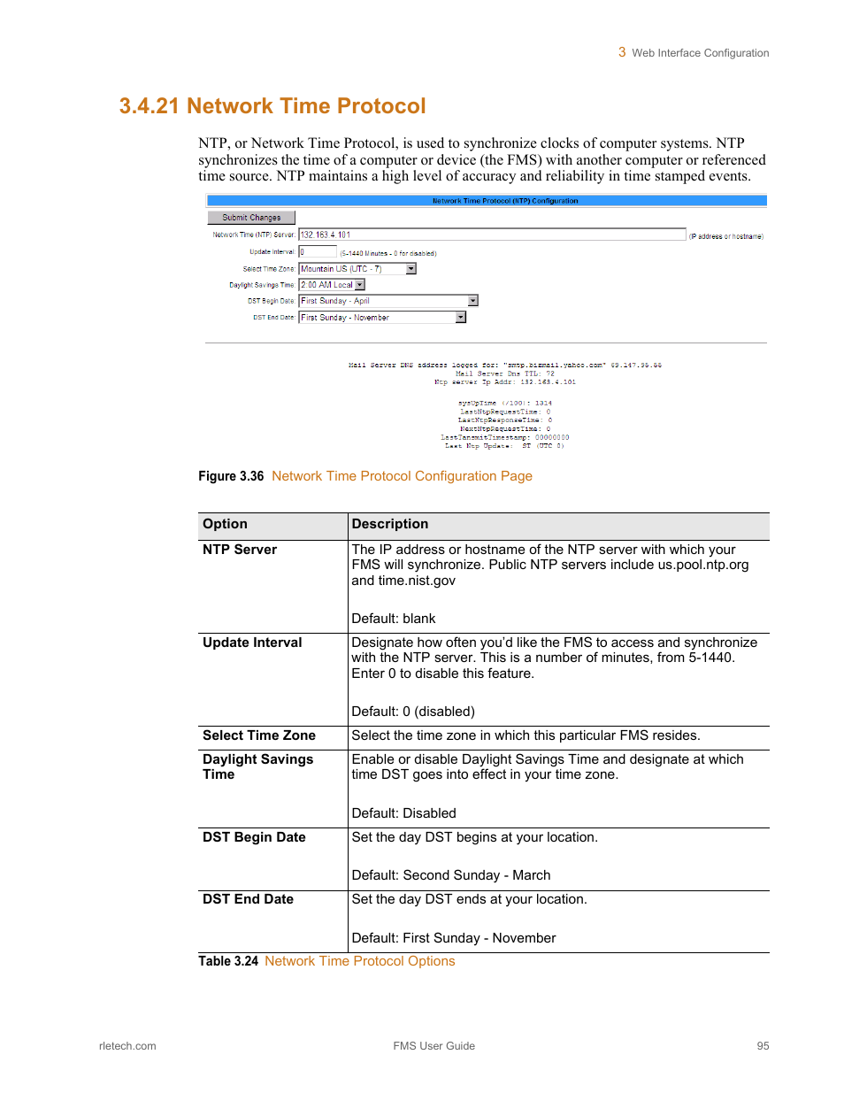 21 network time protocol, Network time protocol, Table 3.24 | Network time protocol options | RLE FMS V.1.13 User Manual | Page 95 / 226
