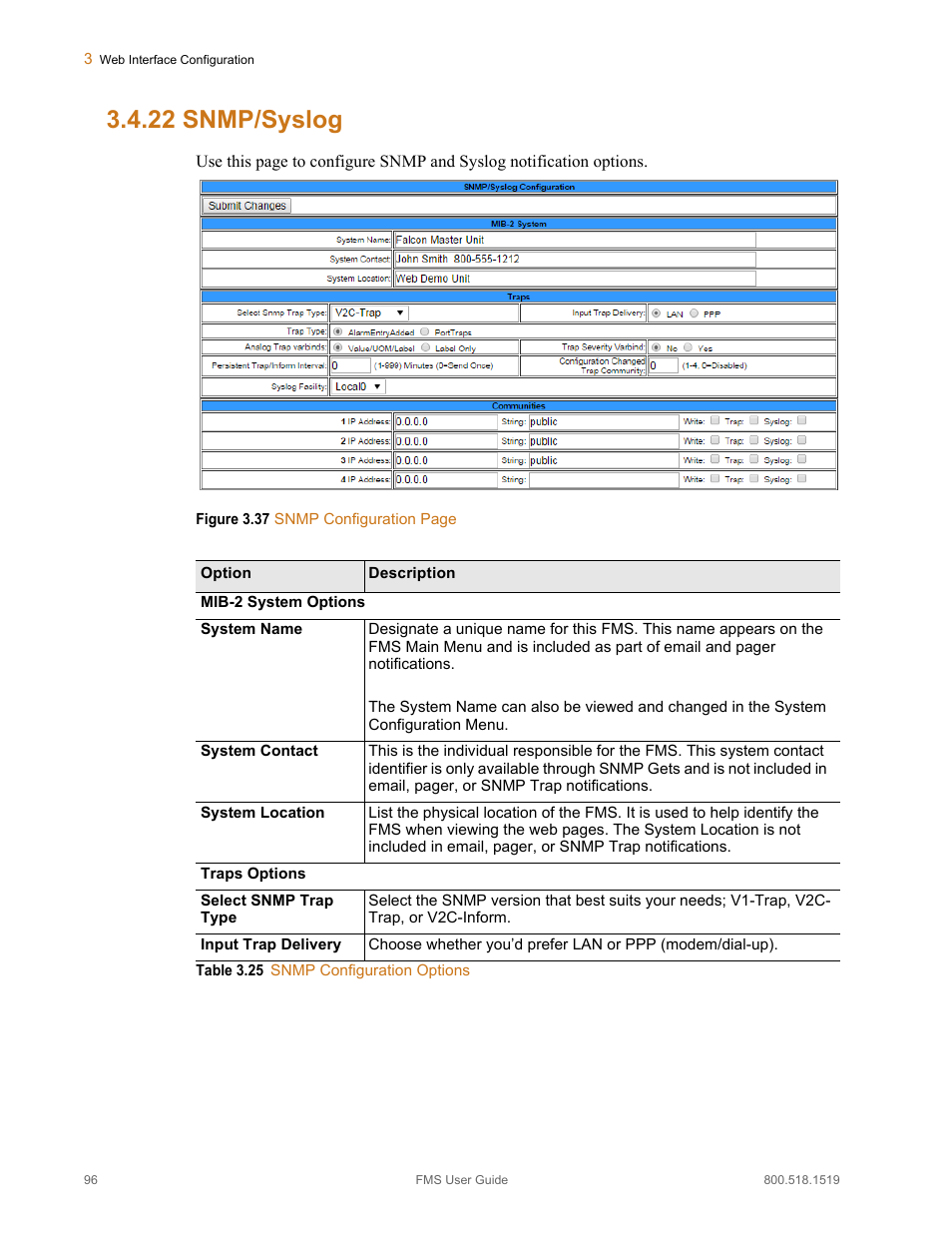 22 snmp/syslog, Snmp/syslog, Table 3.25 | Snmp configuration options | RLE FMS V.1.13 User Manual | Page 96 / 226