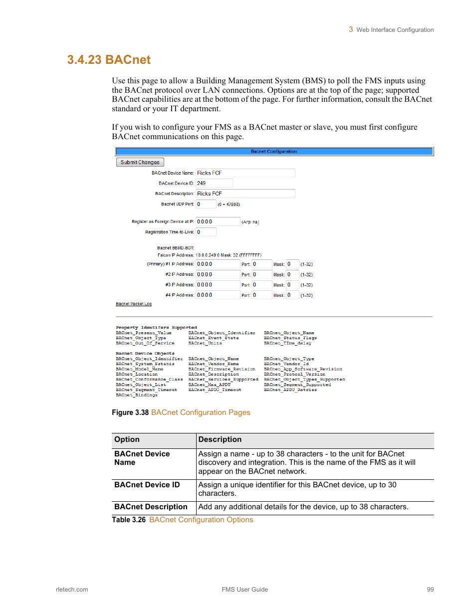 23 bacnet, Bacnet, Table 3.26 | Bacnet configuration options | RLE FMS V.1.13 User Manual | Page 99 / 226