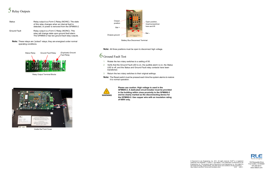 Relay outputs, Ground fault test | RLE Ground Fault Monitor User Manual | Page 2 / 2