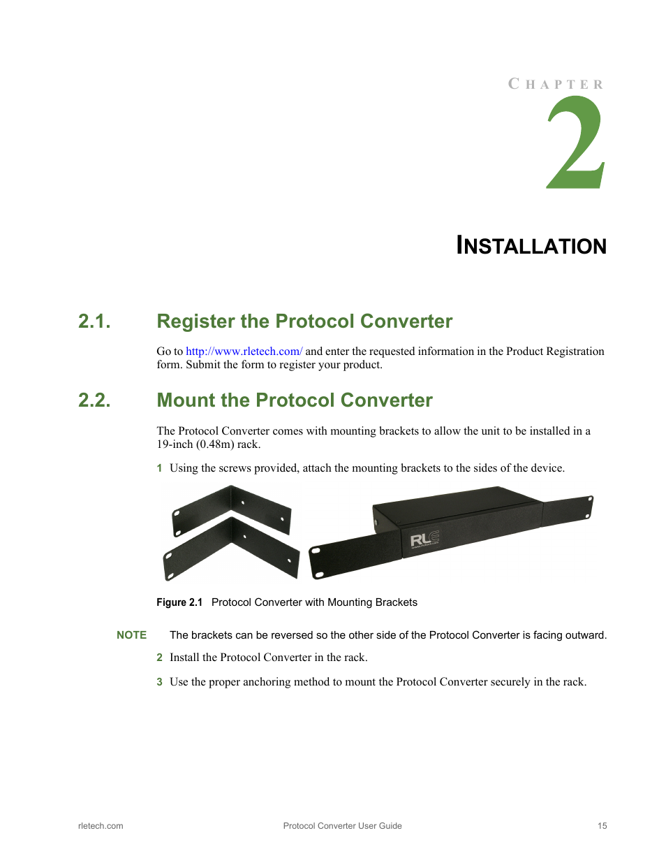 Installation, Register the protocol converter, Mount the protocol converter | Figure 2.1, Protocol converter with mounting brackets, Nstallation | RLE Protocol Converter V.2.4 User Manual | Page 15 / 70