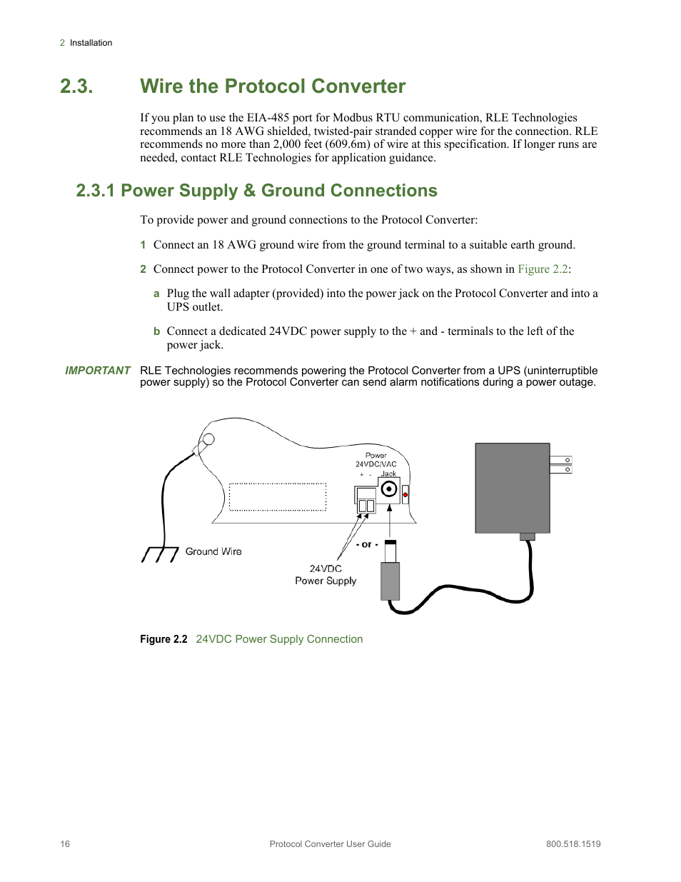 Wire the protocol converter, 1 power supply & ground connections, Power supply & ground connections | Figure 2.2, 24vdc power supply connection | RLE Protocol Converter V.2.4 User Manual | Page 16 / 70