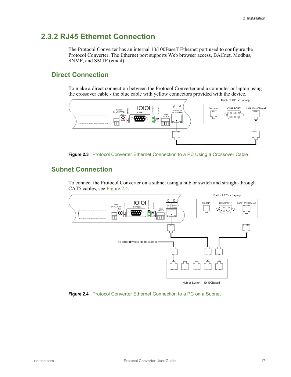 2 rj45 ethernet connection, Rj45 ethernet connection, Figure 2.3 | Figure 2.4, Direct connection, Subnet connection | RLE Protocol Converter V.2.4 User Manual | Page 17 / 70
