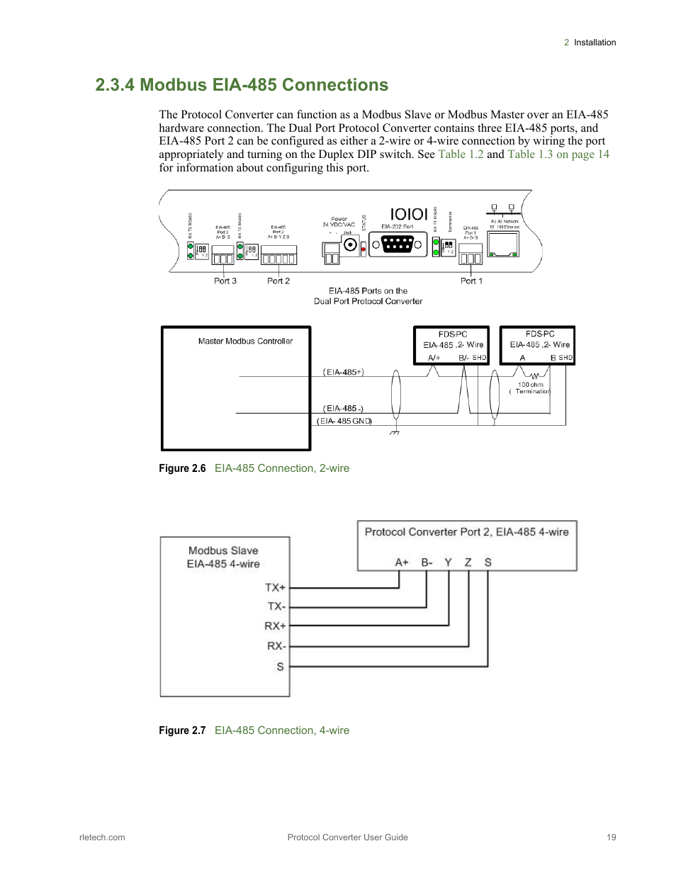 4 modbus eia-485 connections, Modbus eia-485 connections, Figure 2.6 | Eia-485 connection, 2-wire, Figure 2.7, Eia-485 connection, 4-wire | RLE Protocol Converter V.2.4 User Manual | Page 19 / 70