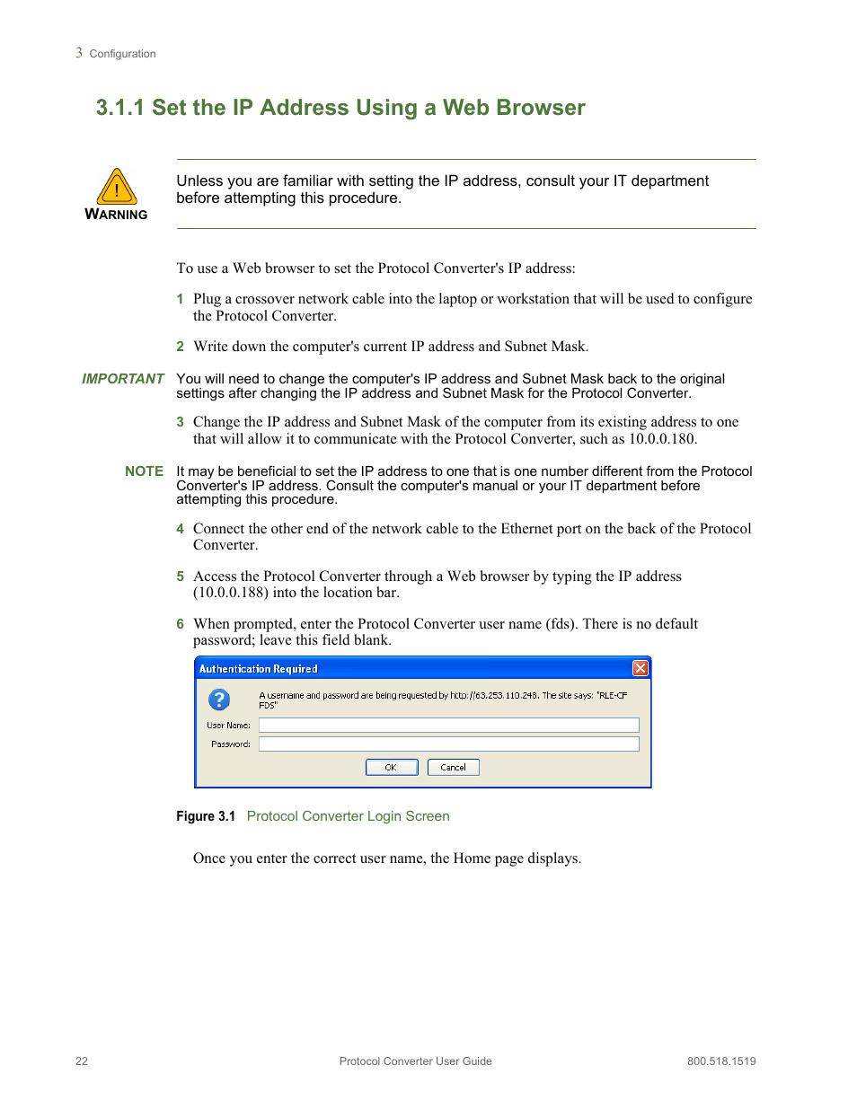 1 set the ip address using a web browser, Set the ip address using a web browser, Figure 3.1 | Protocol converter login screen | RLE Protocol Converter V.2.4 User Manual | Page 22 / 70