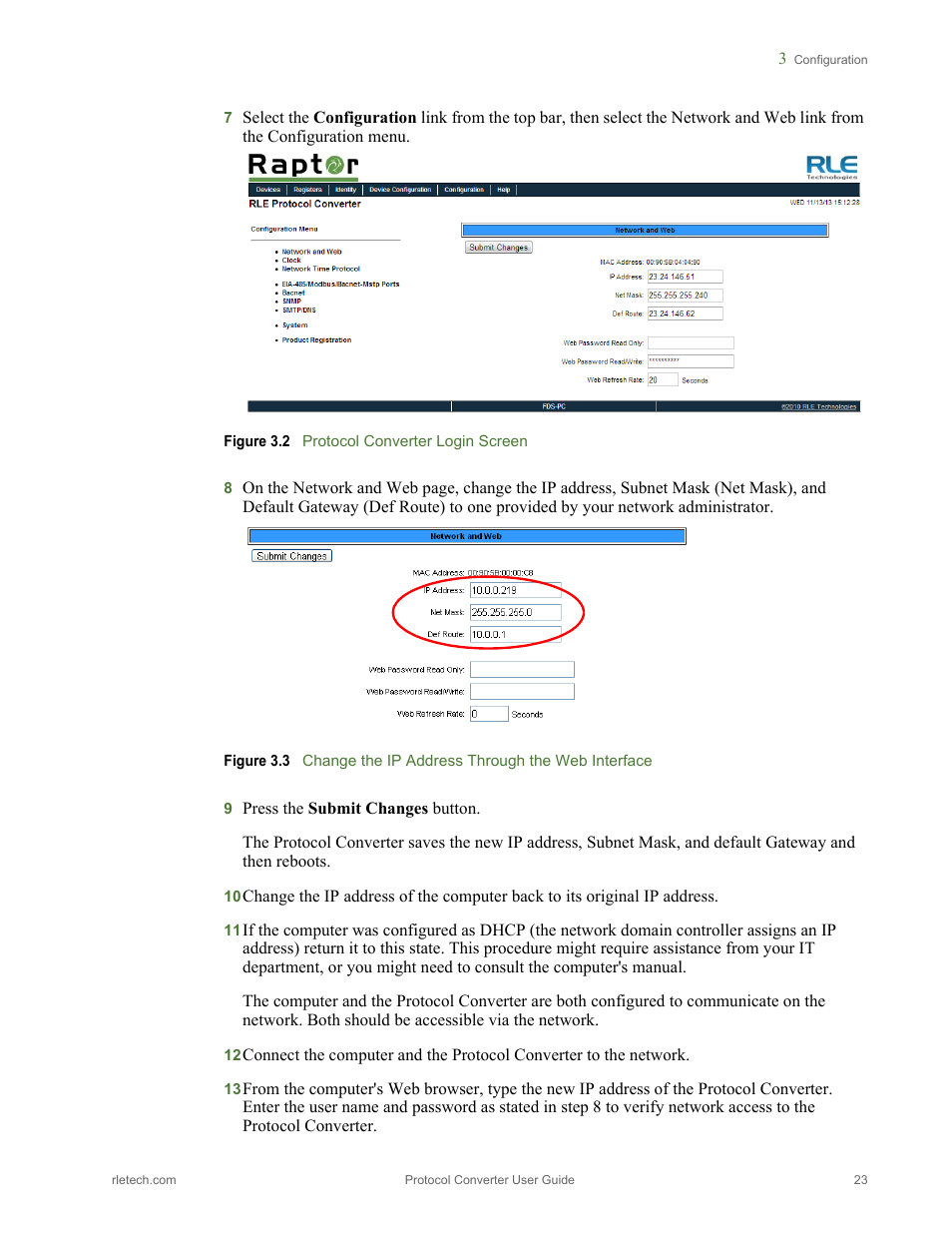 Figure 3.2, Protocol converter login screen, Figure 3.3 | Change the ip address through the web interface | RLE Protocol Converter V.2.4 User Manual | Page 23 / 70