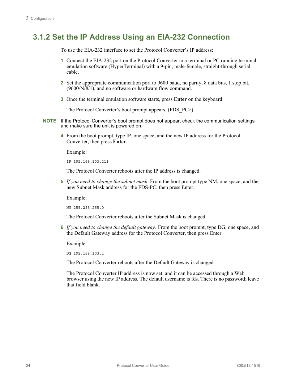 2 set the ip address using an eia-232 connection, Set the ip address using an eia-232 connection | RLE Protocol Converter V.2.4 User Manual | Page 24 / 70