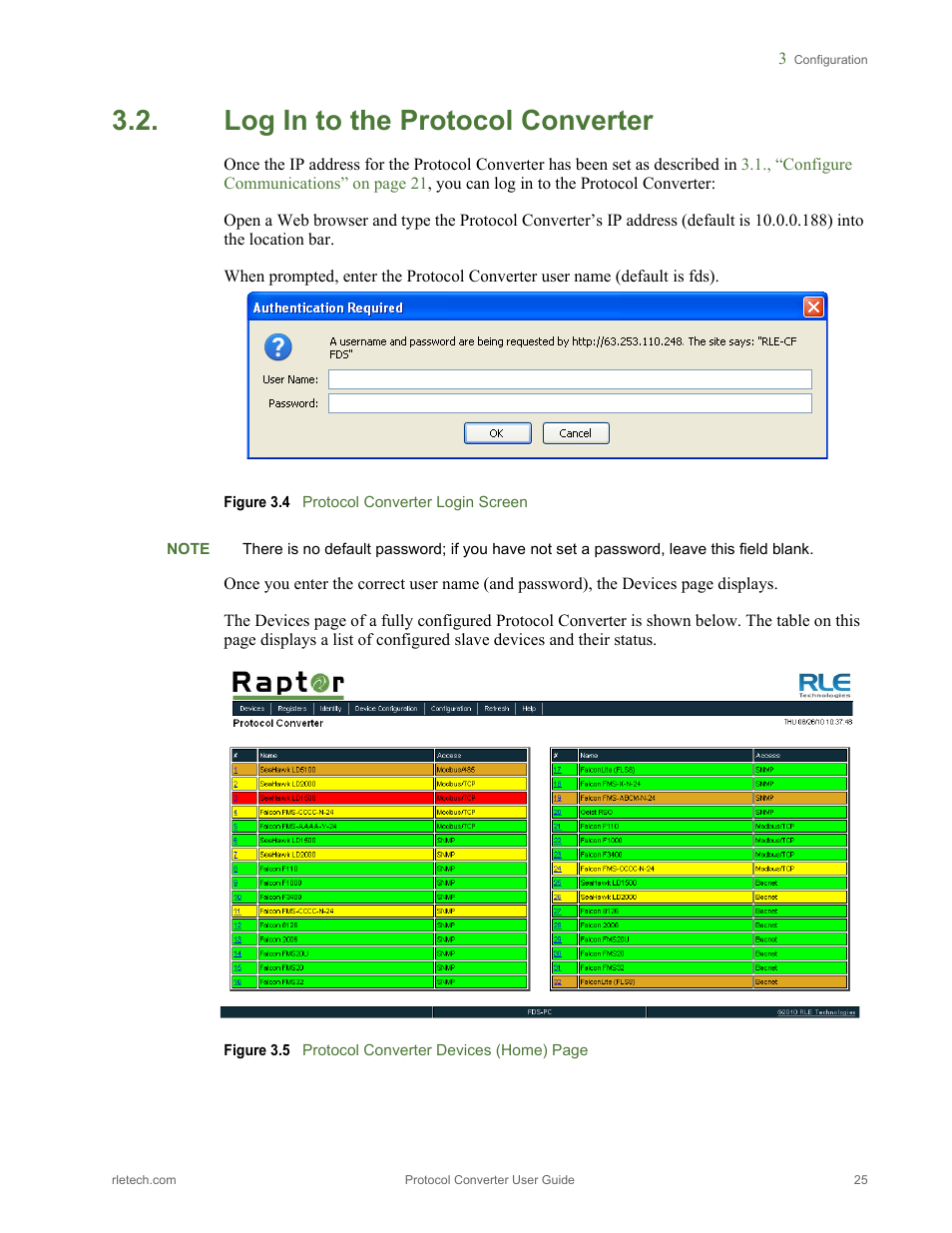 Log in to the protocol converter, Figure 3.4, Protocol converter login screen | Figure 3.5 | RLE Protocol Converter V.2.4 User Manual | Page 25 / 70
