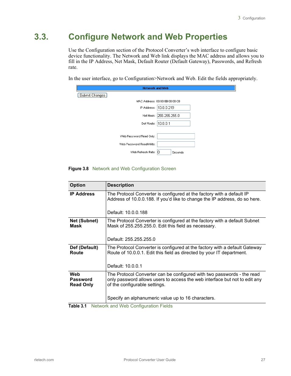 Configure network and web properties, Figure 3.8, Network and web configuration screen | Table 3.1, Network and web configuration fields | RLE Protocol Converter V.2.4 User Manual | Page 27 / 70