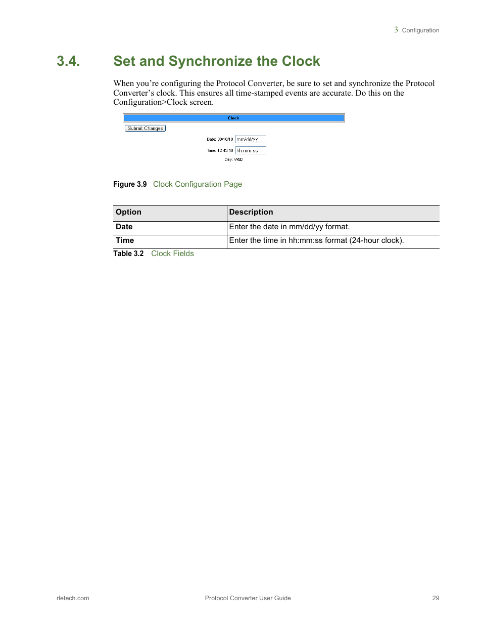 Set and synchronize the clock, Figure 3.9, Table 3.2 | Clock fields | RLE Protocol Converter V.2.4 User Manual | Page 29 / 70