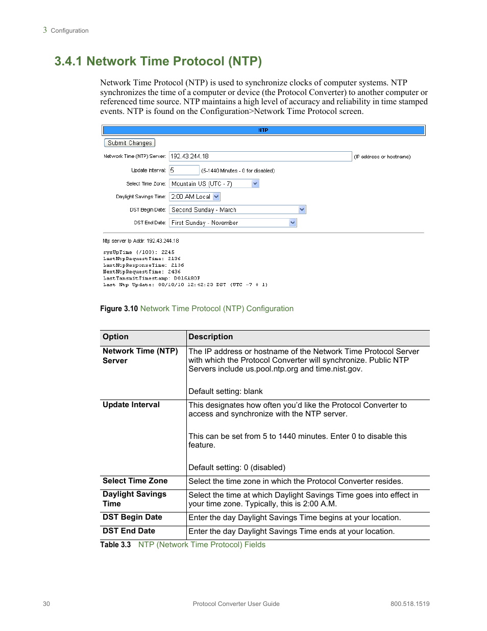 1 network time protocol (ntp), Network time protocol (ntp), Table 3.3 | Ntp (network time protocol) fields | RLE Protocol Converter V.2.4 User Manual | Page 30 / 70