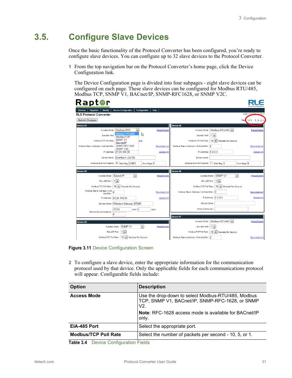 Configure slave devices, Figure 3.11 device configuration screen, Table 3.4 | Device configuration fields | RLE Protocol Converter V.2.4 User Manual | Page 31 / 70