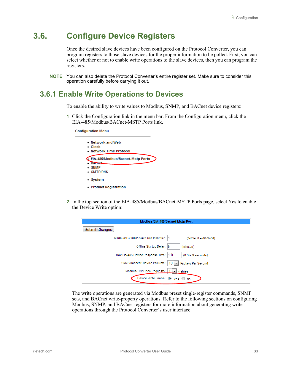 Configure device registers, 1 enable write operations to devices, Enable write operations to devices | RLE Protocol Converter V.2.4 User Manual | Page 33 / 70