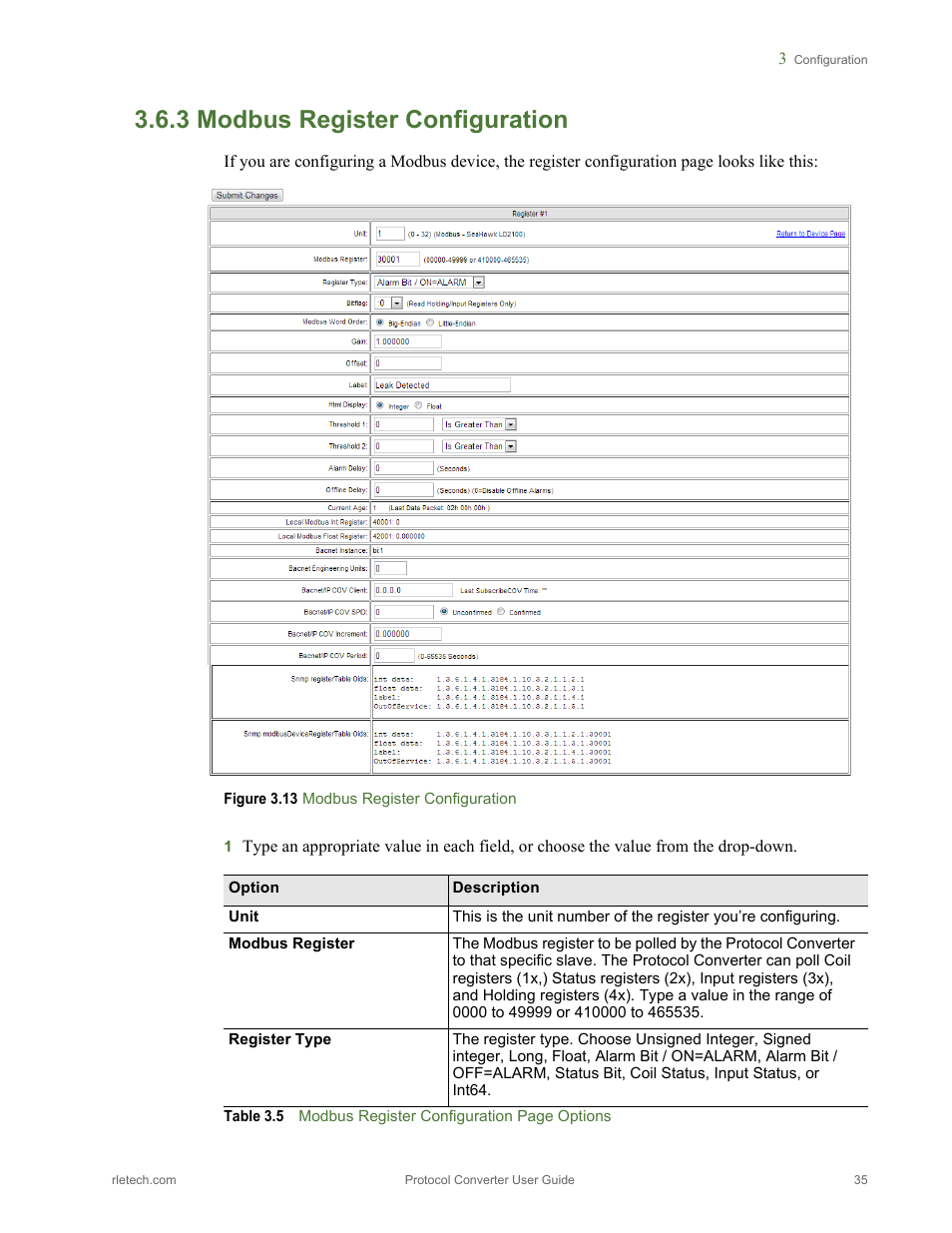 3 modbus register configuration, Modbus register configuration, Figure 3.13 modbus register configuration | Table 3.5 | RLE Protocol Converter V.2.4 User Manual | Page 35 / 70