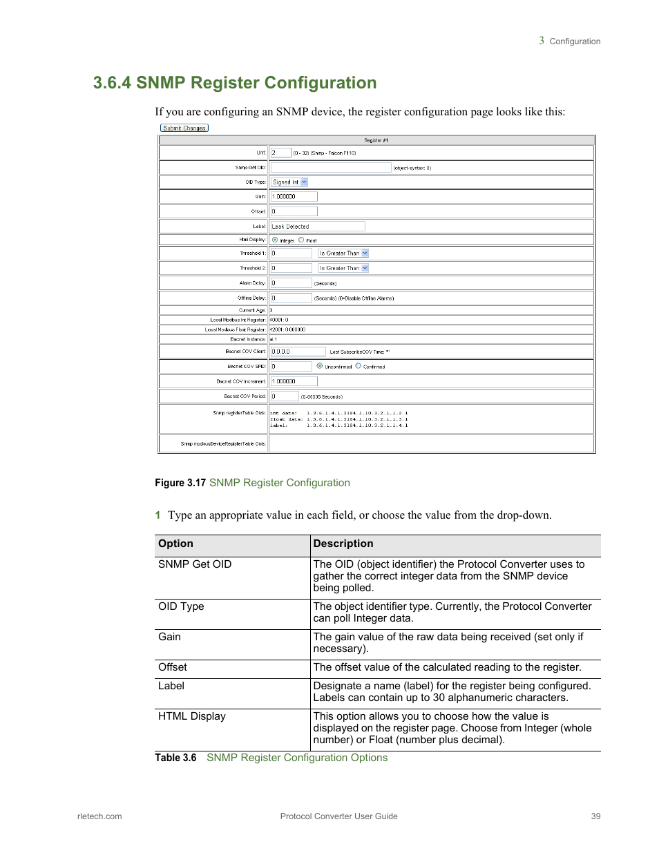 4 snmp register configuration, Snmp register configuration, Figure 3.17 snmp register configuration | Table 3.6, Snmp register configuration options | RLE Protocol Converter V.2.4 User Manual | Page 39 / 70