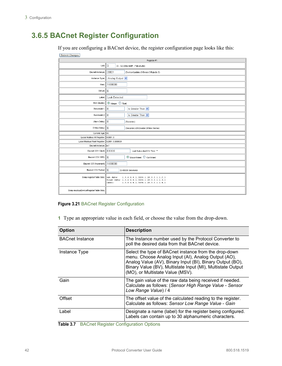 5 bacnet register configuration, Bacnet register configuration, Figure 3.21 bacnet register configuration | Table 3.7, Bacnet register configuration options | RLE Protocol Converter V.2.4 User Manual | Page 42 / 70