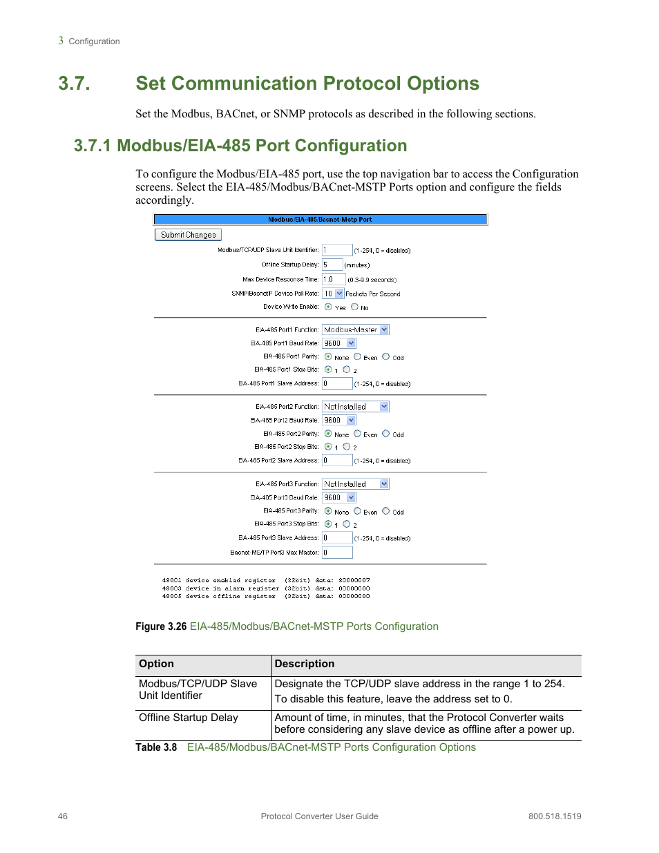 Set communication protocol options, 1 modbus/eia-485 port configuration, Modbus/eia-485 port configuration | Table 3.8 | RLE Protocol Converter V.2.4 User Manual | Page 46 / 70