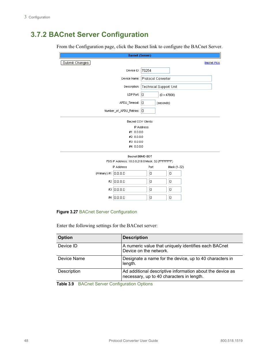 2 bacnet server configuration, Bacnet server configuration, Figure 3.27 bacnet server configuration | Table 3.9, Bacnet server configuration options | RLE Protocol Converter V.2.4 User Manual | Page 48 / 70