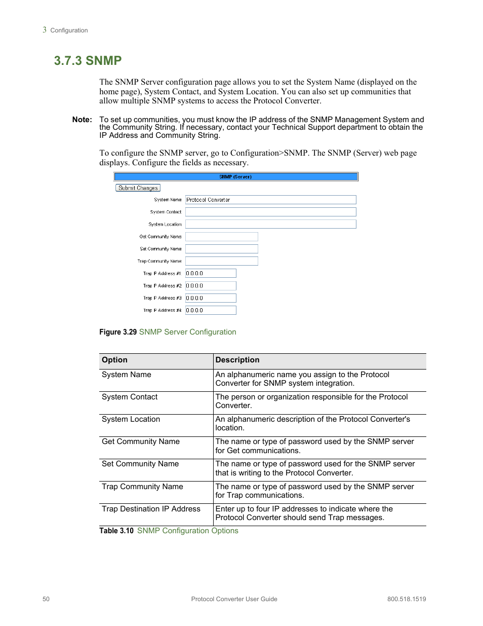 3 snmp, Snmp, Figure 3.29 snmp server configuration | Table 3.10, Snmp configuration options | RLE Protocol Converter V.2.4 User Manual | Page 50 / 70