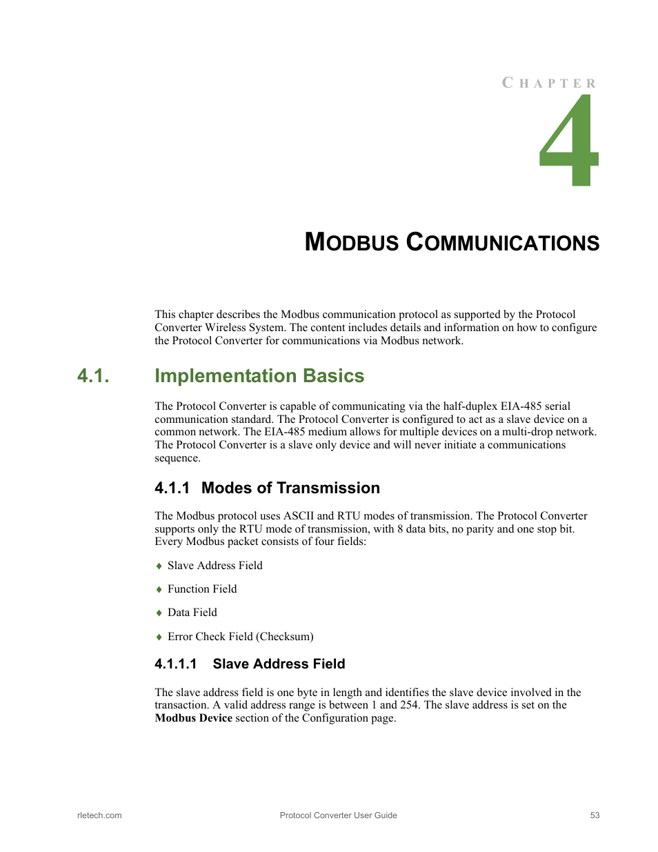 Modbus communications, Implementation basics, 1 modes of transmission | 1 slave address field, Modes of transmission, Slave address field, Odbus, Ommunications | RLE Protocol Converter V.2.4 User Manual | Page 53 / 70