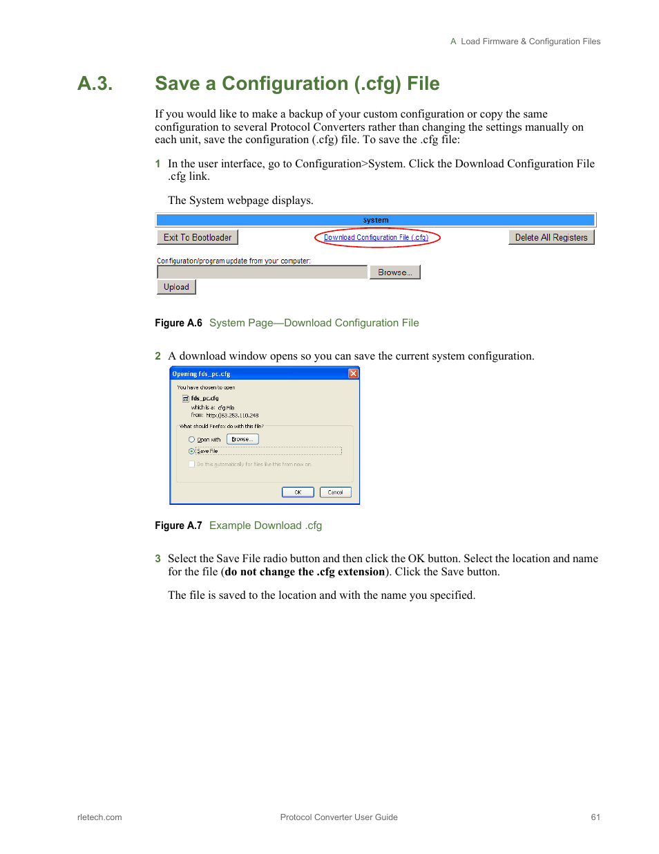 A.3. save a configuration (.cfg) file, Save a configuration (.cfg) file, Figure a.6 | Figure a.7, Example download .cfg | RLE Protocol Converter V.2.4 User Manual | Page 61 / 70