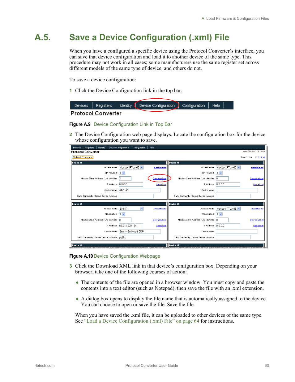 A.5. save a device configuration (.xml) file, Save a device configuration (.xml) file | RLE Protocol Converter V.2.4 User Manual | Page 63 / 70