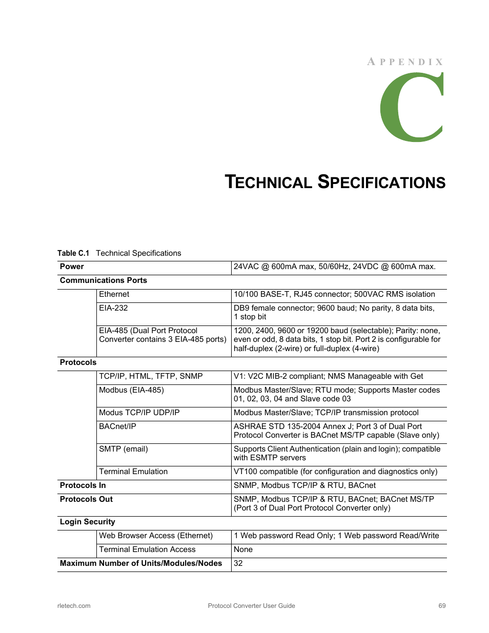 Technical specifications, Table c.1, Echnical | Pecifications | RLE Protocol Converter V.2.4 User Manual | Page 69 / 70