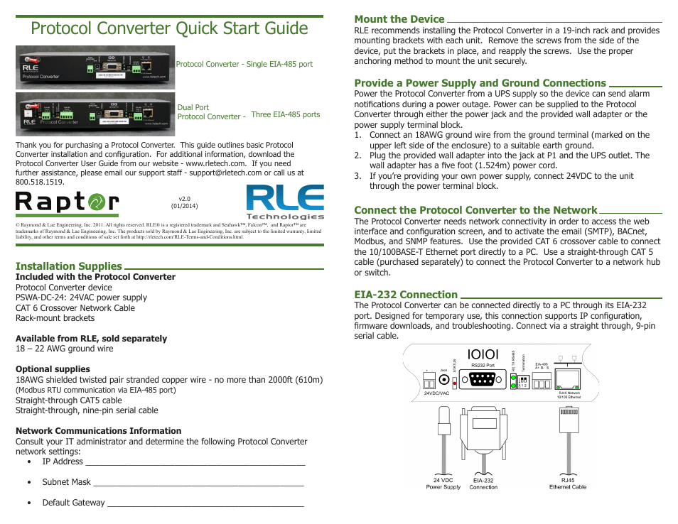 RLE Protocol Converter Quick Start User Manual | 2 pages