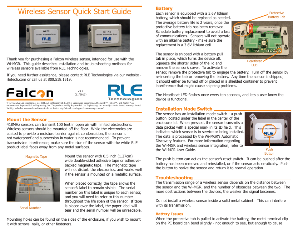 RLE Wireless Sensors User Manual | 1 page