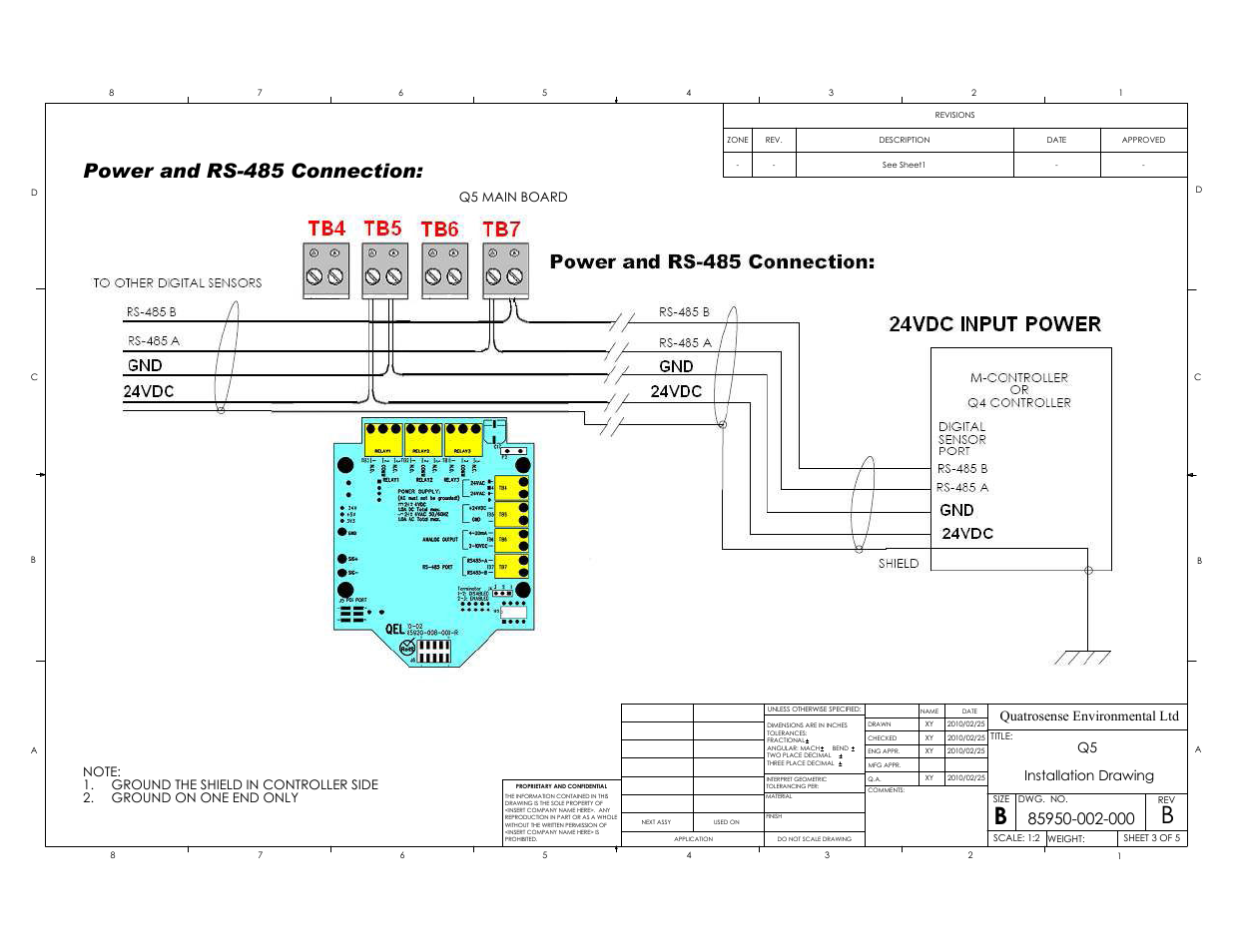 Power and rs-485 connection, Quatrosense environmental ltd, Q5 installation drawing | RLE GD200 User Manual | Page 3 / 5