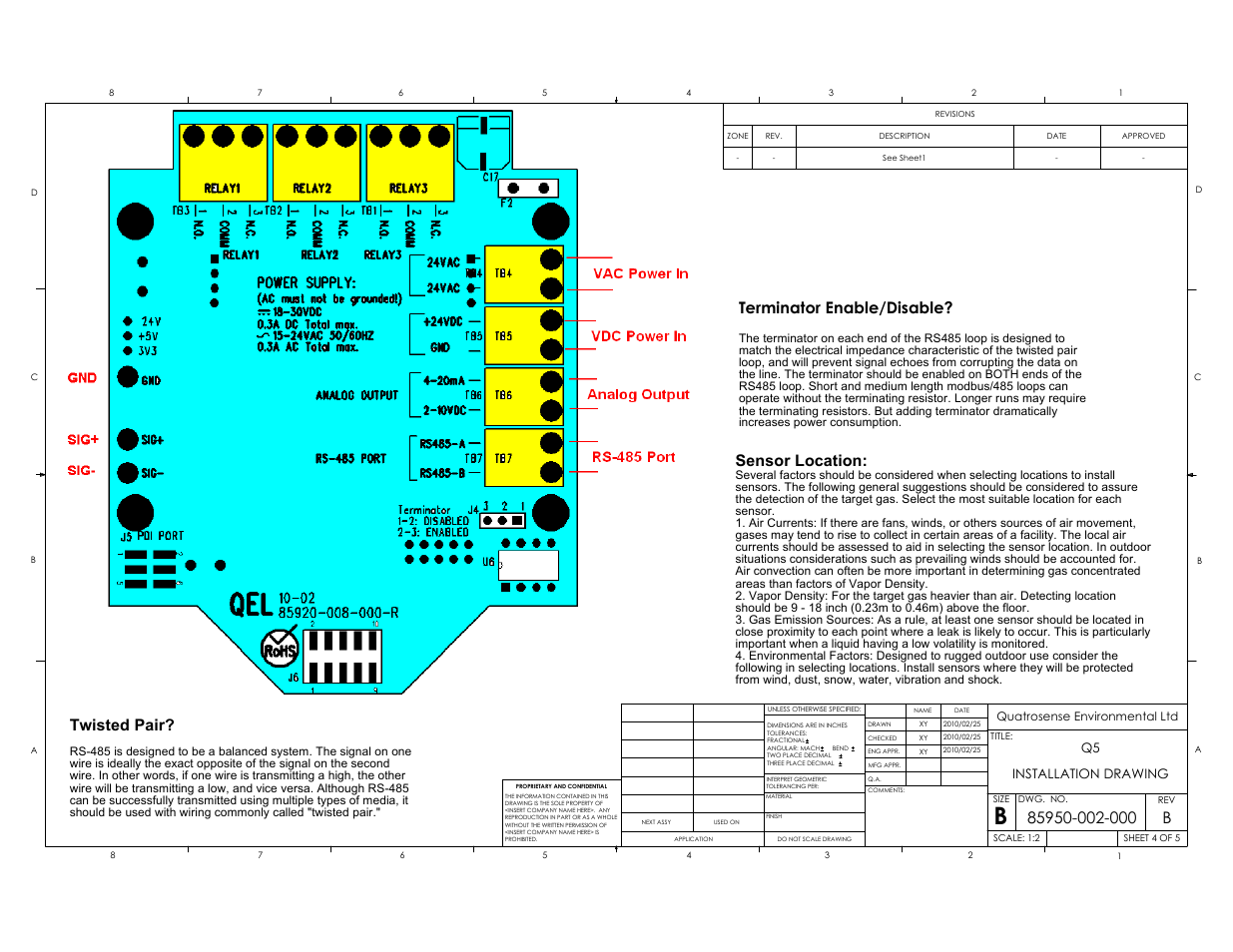Terminator enable/disable, Twisted pair, Sensor location | Q5 installation drawing | RLE GD200 User Manual | Page 4 / 5