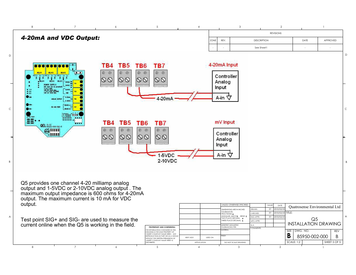 20ma and vdc output, Q5 installation drawing, Quatrosense environmental ltd | RLE GD200 User Manual | Page 5 / 5