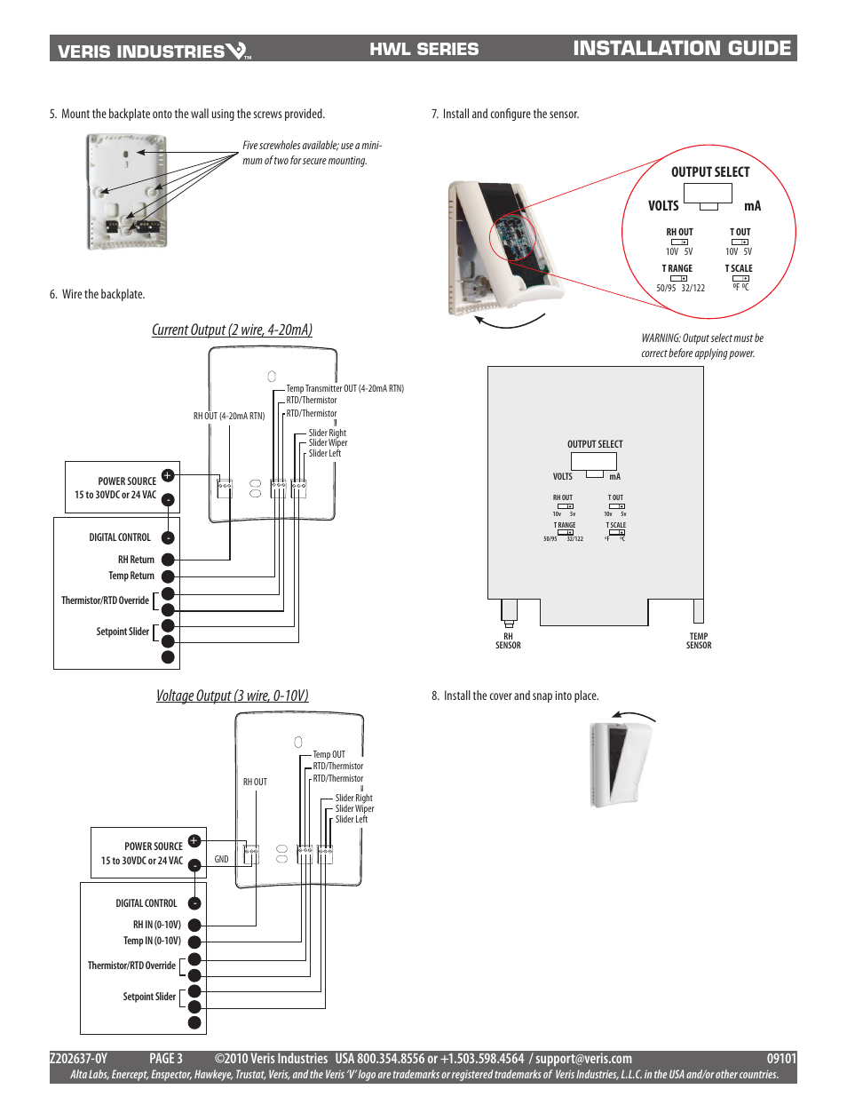 Installation guide, Veris industries, Hwl series | Volts output select ma | RLE TH140D User Manual | Page 3 / 3