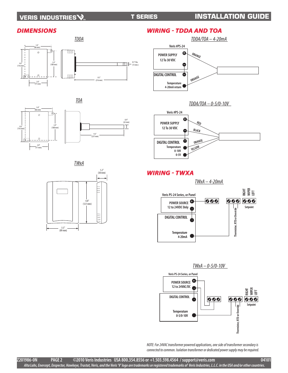 Installation guide, Dimensions, Wiring - tdda and toa | Wiring - twxa, Veris industries, T series, Tdda toa twxa | RLE T120D User Manual | Page 2 / 3