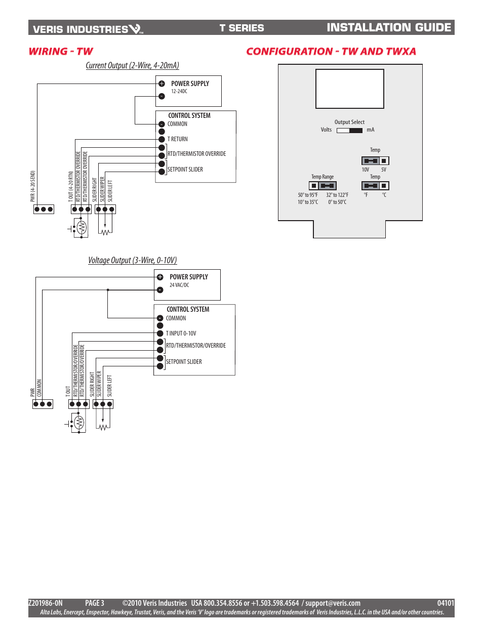 Installation guide, Configuration - tw and twxa wiring - tw, Veris industries | T series | RLE T120D User Manual | Page 3 / 3