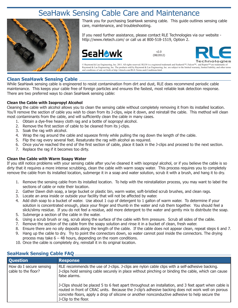 RLE SeaHawk Sensing Cable User Manual | 2 pages