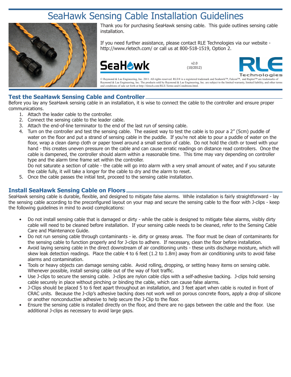 RLE SeaHawk Sensing Cable Installation User Manual | 2 pages