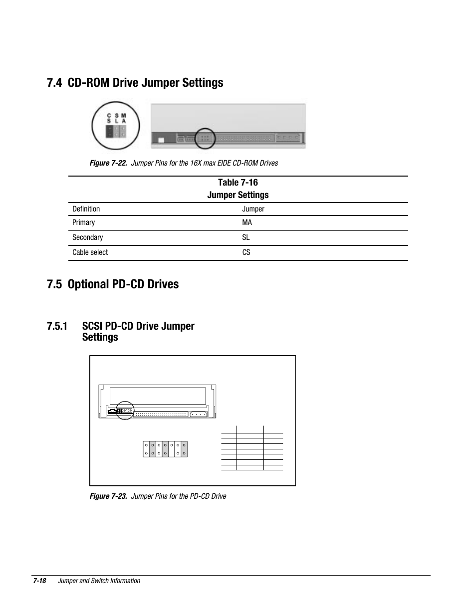 4 cd-rom drive jumper settings, 5 optional pd-cd drives, 1 scsi pd-cd drive jumper settings | Table 7-16 jumper settings, Figure 7-23. jumper pins for the pd-cd drive | Compaq Deskpro 2000 User Manual | Page 201 / 269