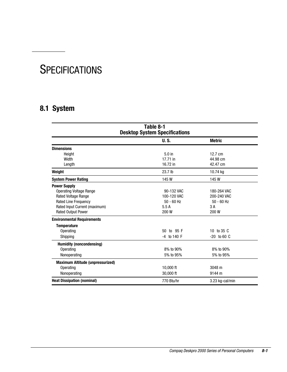 Specifications, 1 system, Chapter | Pecifications | Compaq Deskpro 2000 User Manual | Page 203 / 269